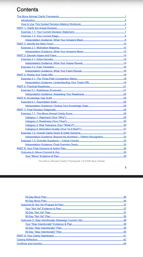 Contents pages from The Move Abroad Clarity Framework workbook